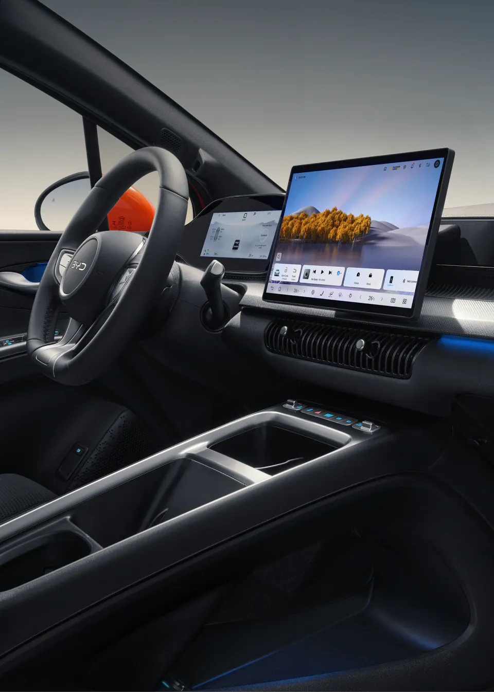Steering wheel and 12.8-inch touchscreen display