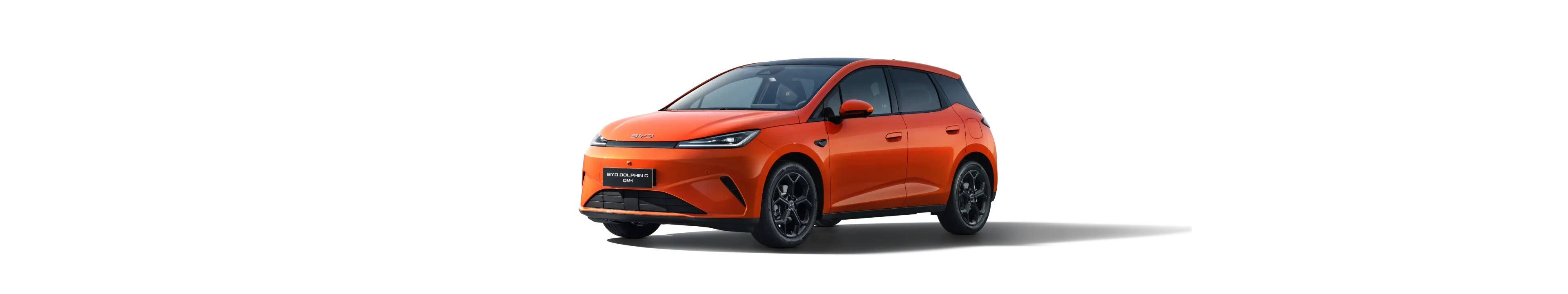 Orange BYD Dolphin G DM-i front three-quarter view showing LED headlights