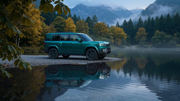 Teal BYD Ti7 SUV parked by a calm lake with mountains in the background