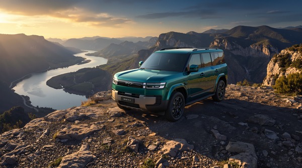 Teal BYD Ti7 SUV on a mountain ridge with a sweeping valley view