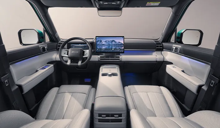BYD Ti7 interior cabin showing steering wheel and leather seats