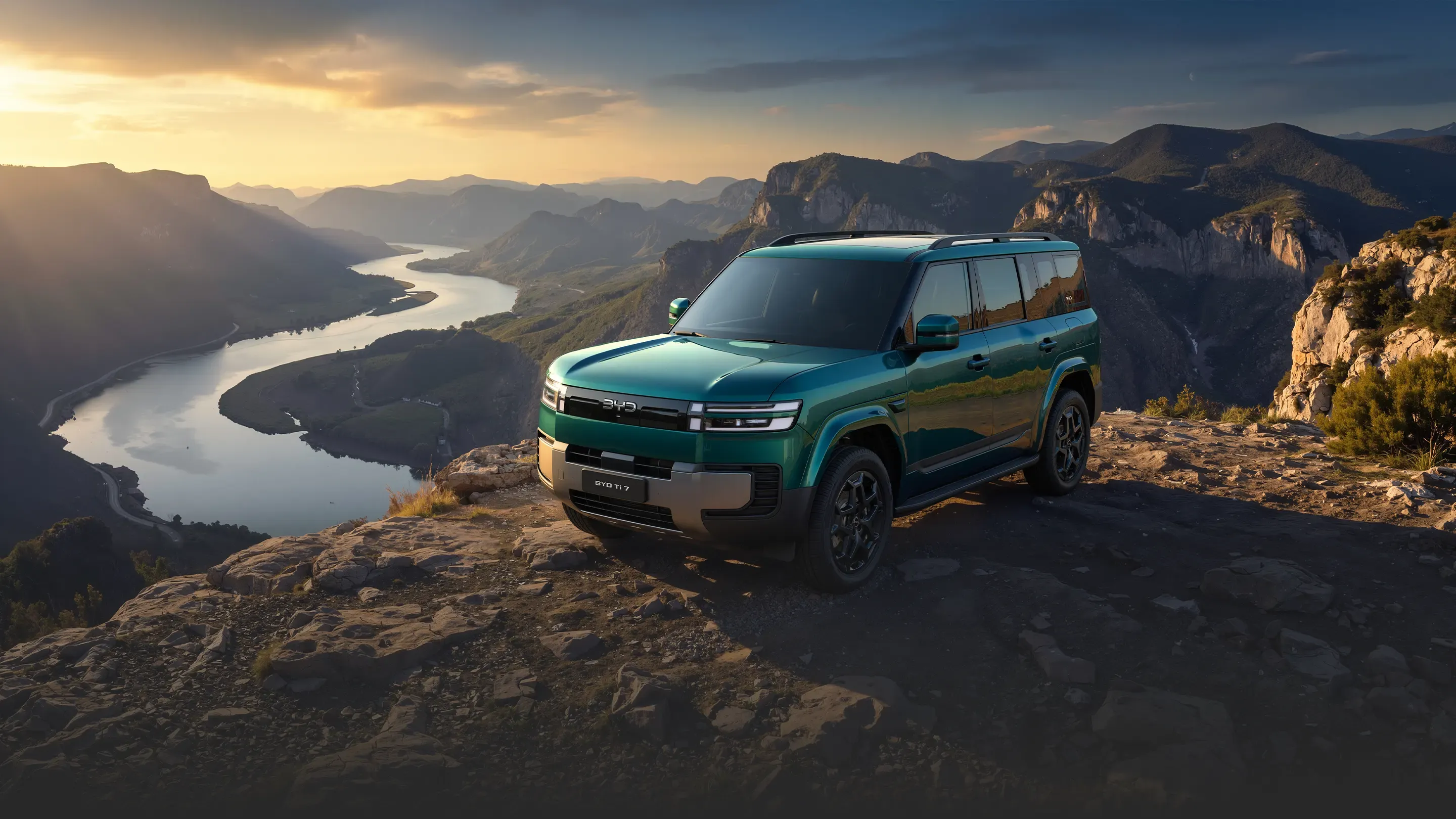 Teal BYD Ti7 SUV parked on a rocky mountain overlook