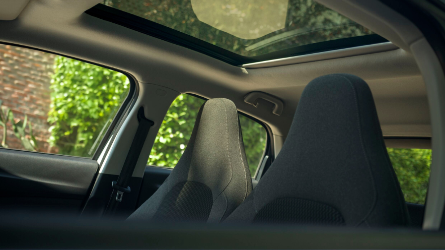 Leapmotor T03 panoramic glass sunroof with green foliage visible through glass