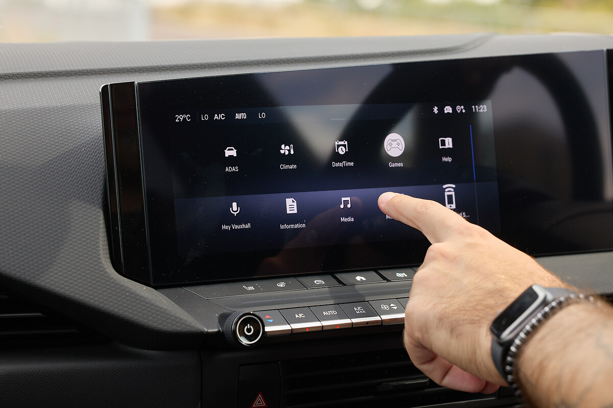 Vauxhall Astra touchscreen displaying ADAS, Climate, Games and Help menu options